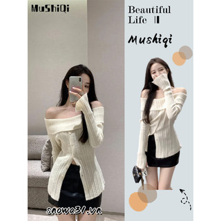 Mushiqi Áo sweater Dệt Kim Tay Dài Hở Vai Xẻ Tà Nhẹ Nhàng Thanh Lịch Cho Nữ