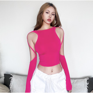 Klalien y2k Áo crop Top Trơn Tay Dài Khoét Lỗ Dáng Ôm Gợi Cảm Đơn Giản Thời Trang Cho Nữ