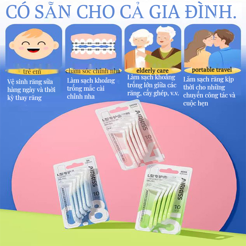 AIRKISS Bộ 10 bàn chải kẽ răng mềm chỉnh nha hình chữ L 0.4mm-1.0mm