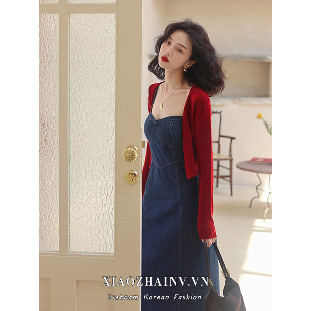 Xiaozhainv Bộ Áo Khoác cardigan Dài Tay + Đầm Hai Dây Xinh Xắn Thời Trang Hàn Quốc Cho Nữ