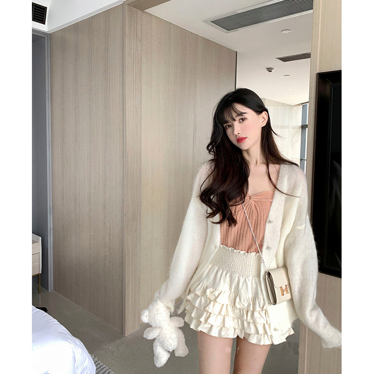 XIN LAN YA SHE Chân Váy Dài Rộng Lưng Cao Hai Lớp Một Màu Hoàn Hảo