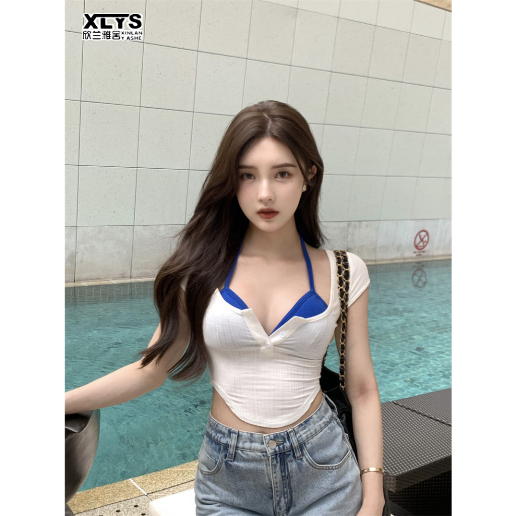 XIN LAN YA SHE Set Áo Thun Ngắn Tay Cổ Vuông Và Chân Váy Phong Cách Nữ Tính