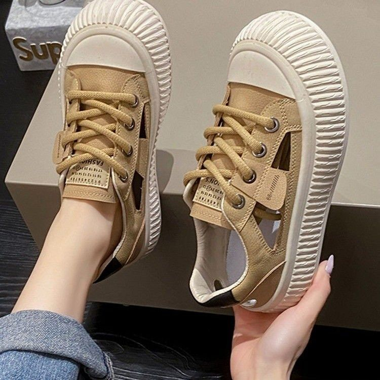 (3-5cm). Giày Thể Thao Màu Trắng Thoáng Khí Thiết Kế Mới Thời Trang Mùa Hè Theo Phong Cách Hàn Quốc Giày Đế Xuồng Tất Cả Trong Một. Giày Thể Thao Phối Lưới Thời Trang Cho Nữ