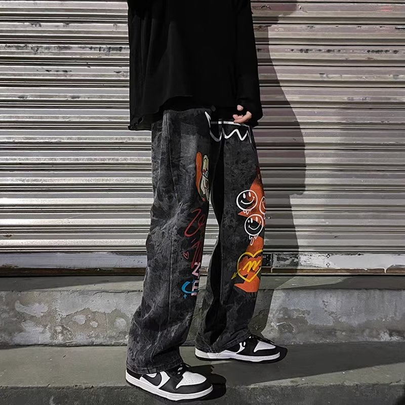 Quần Jean Dài Dáng Rộng In Hoạt Hình graffiti Kiểu hip-hop Đường Phố Thời Trang Xuân Thu Cho Nam