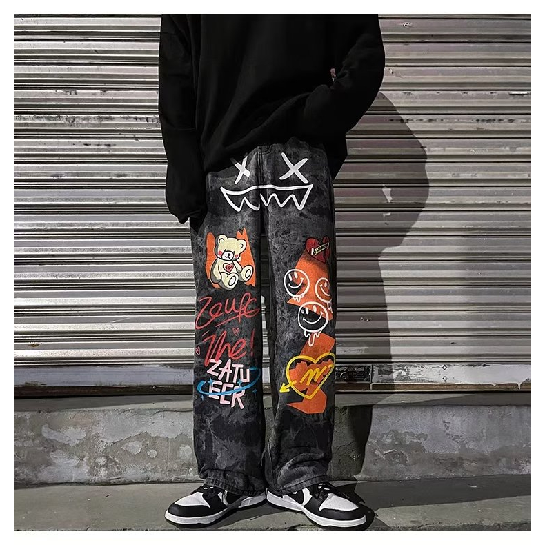 Quần Jean Dài Dáng Rộng In Hoạt Hình graffiti Kiểu hip-hop Đường Phố Thời Trang Xuân Thu Cho Nam