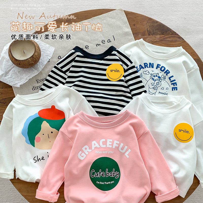 Áo thun dài tay sọc in hình thời trang dễ thương mới mùa thu