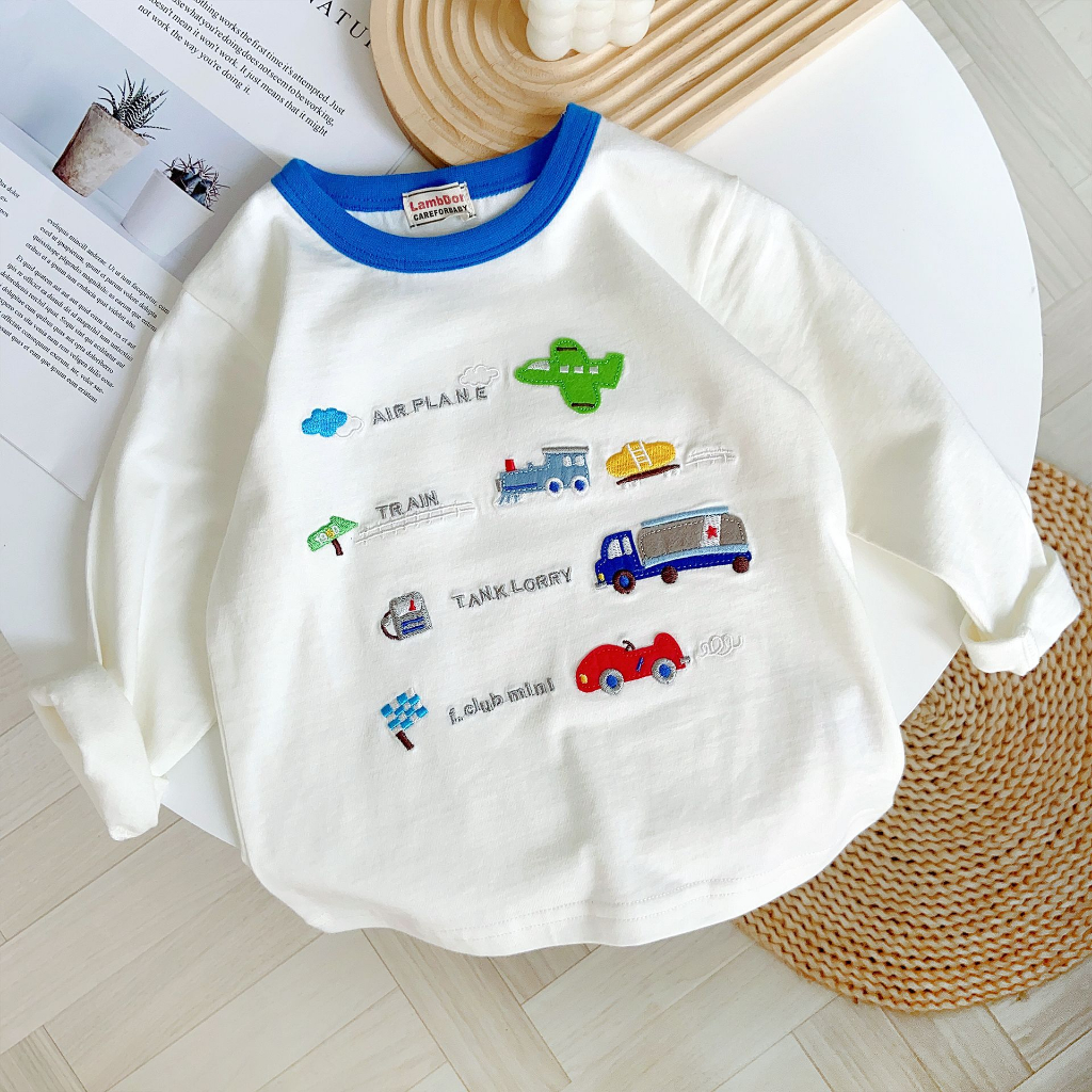 Áo thun cotton dài tay in họa tiết ô tô hoạt hình dễ thương dành cho trẻ em