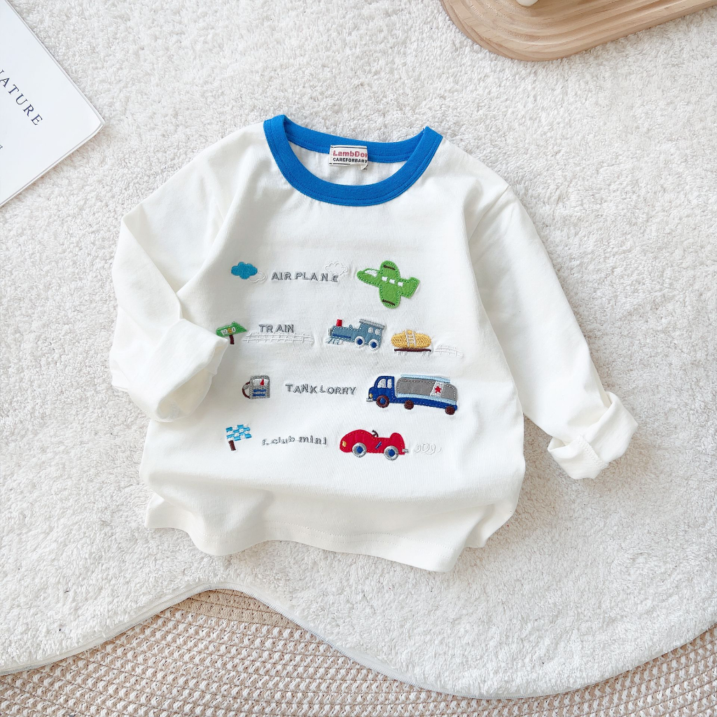 Áo thun cotton dài tay in họa tiết ô tô hoạt hình dễ thương dành cho trẻ em