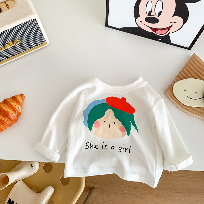 Áo thun dài tay sọc in hình thời trang dễ thương mới mùa thu