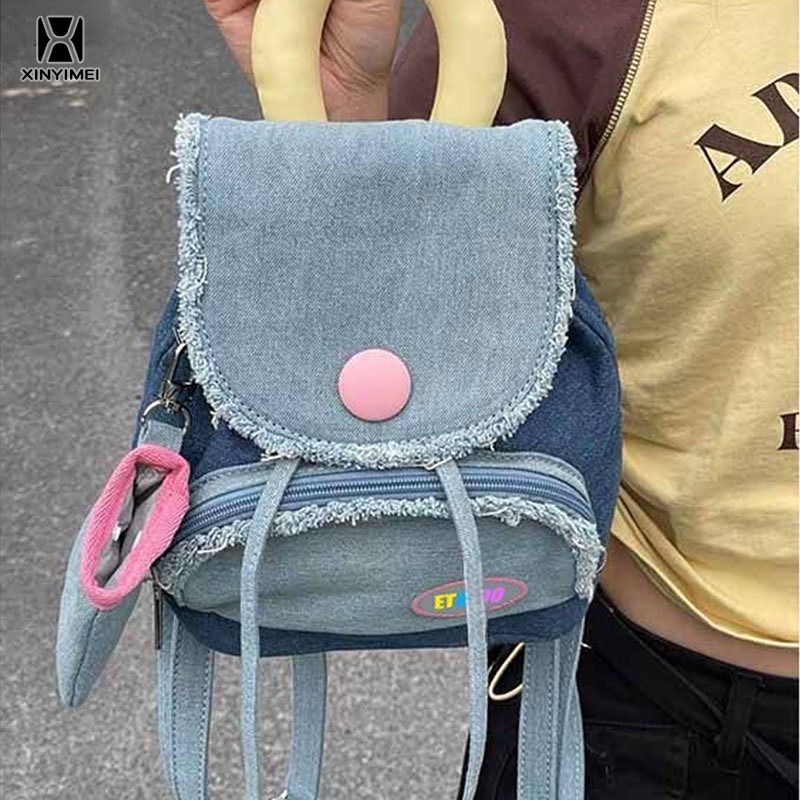 XINYIMEI Ba Lô Denim Đính Nút Và Tua Rua Dễ Thương Cho Nữ