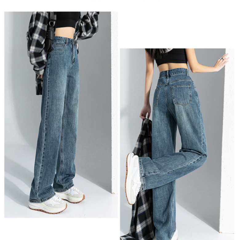 ZHELIHANGFEI Quần jean lưng cao ống rộng thời trang Hàn Quốc dành cho nữ