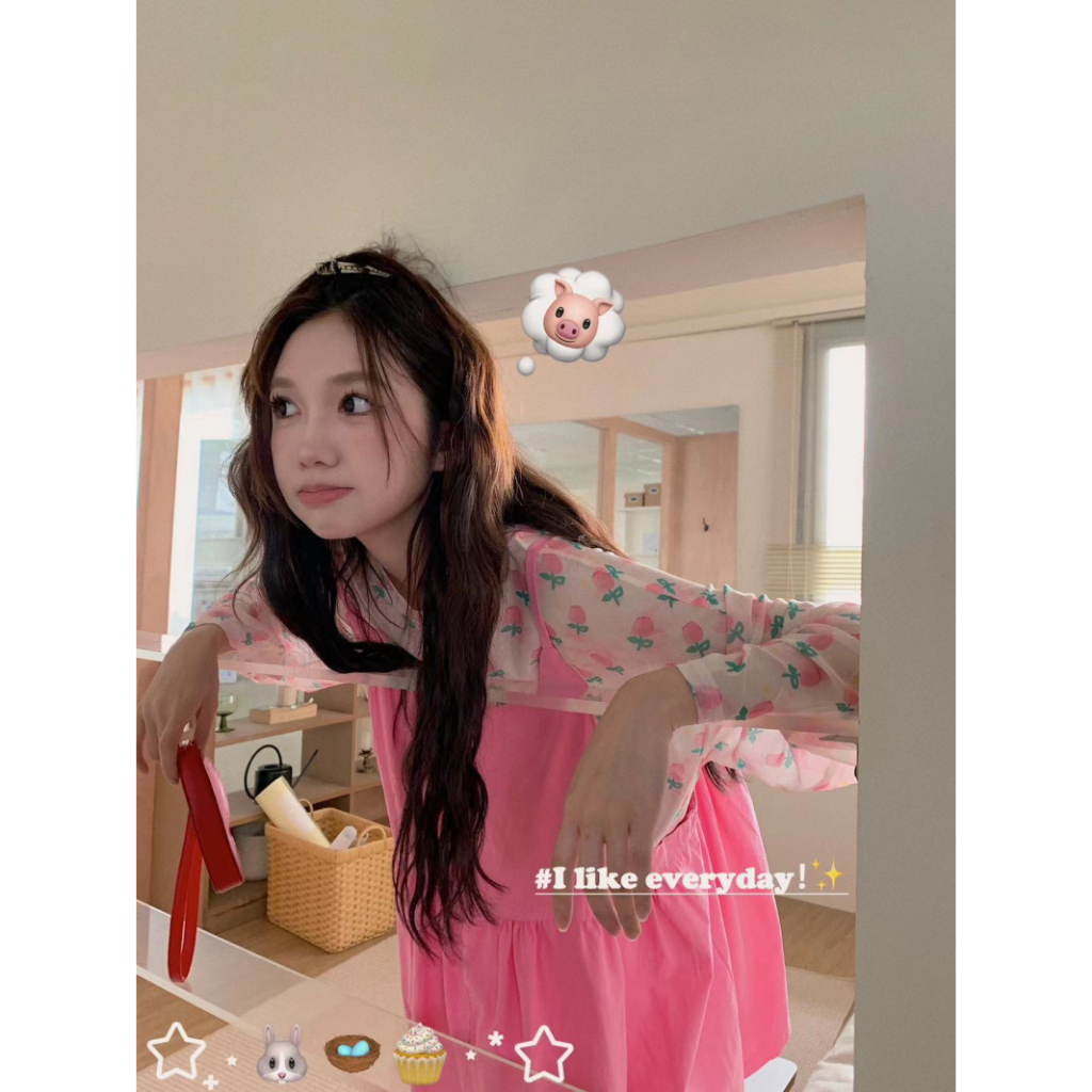 XIN LAN YA SHE Bộ Áo Sơ Mi Chống Nắng + Đầm Hai Dây Eo Cao In Hoa Thời Trang dopamine Dành Cho Bạn Nữ