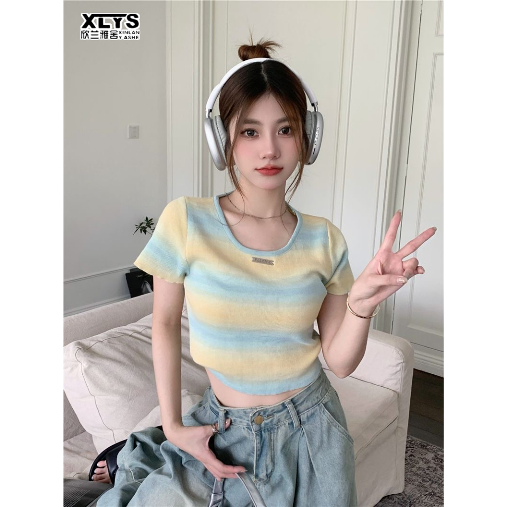 XIN LAN YA SHE Áo Thun sweater Kẻ Sọc Màu gradient Thời Trang Mùa Hè Cho Nữ