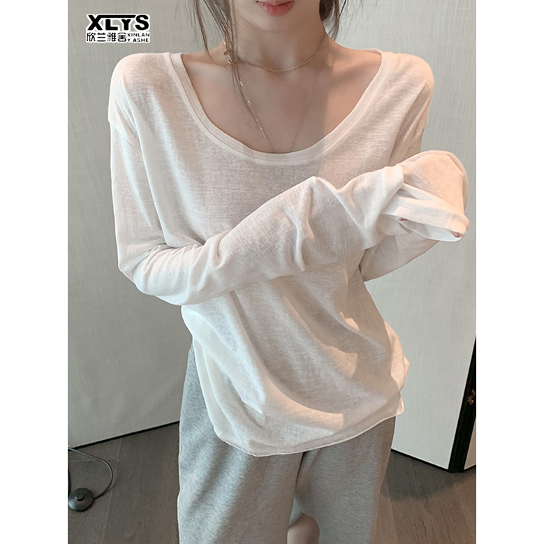 XIN LAN YA SHE Áo Thun cotton Tay Dài Dáng Rộng Phong Cách Hàn Quốc Cho Nữ