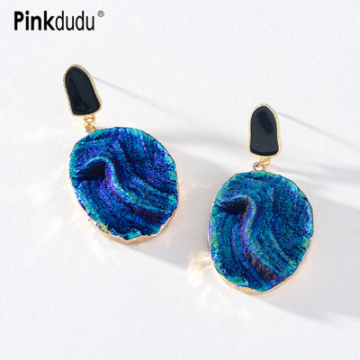 Pinkdudu Khuyên tai PD1383 hợp kim hình oval tráng men màu xanh dương thời trang cá tính