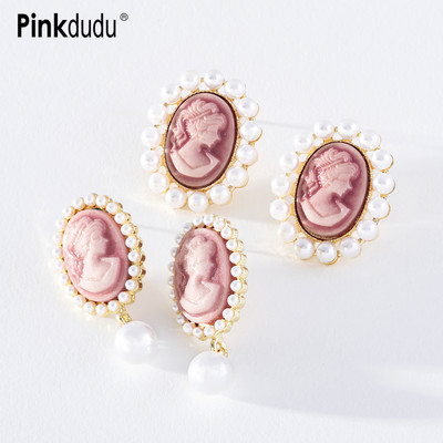 Khuyên tai PINKDUDU PD1396 hình oval bằng hợp kim resin phong cách pháp cổ điển thời trang cho nữ