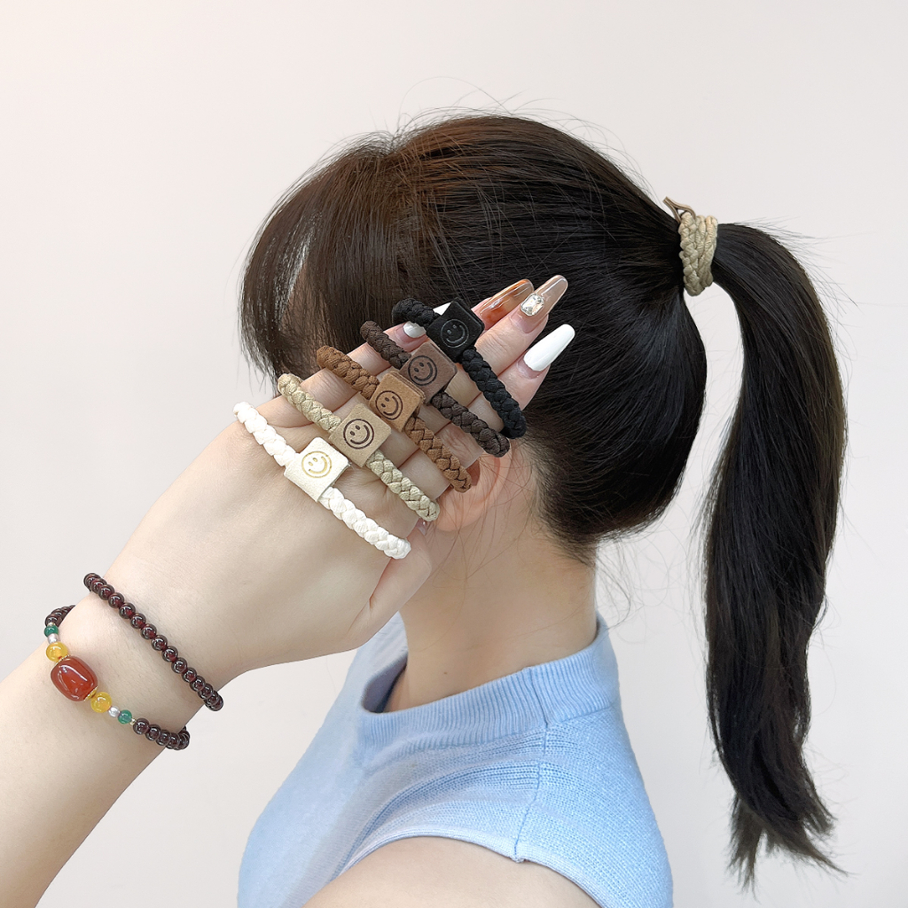 Set 5 Dây Thun Cao Su Buộc Tóc Mặt Cười 5cm Màu Đen