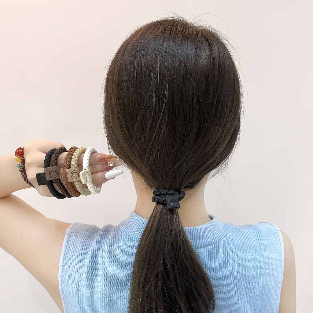 Set 5 Dây Thun Cao Su Buộc Tóc Mặt Cười 5cm Màu Đen