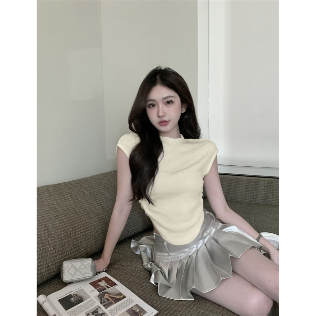 Minimalist Labo Áo Thun Dệt Kim Tay Ngắn Hở Lưng Màu Trơn Cho Nữ