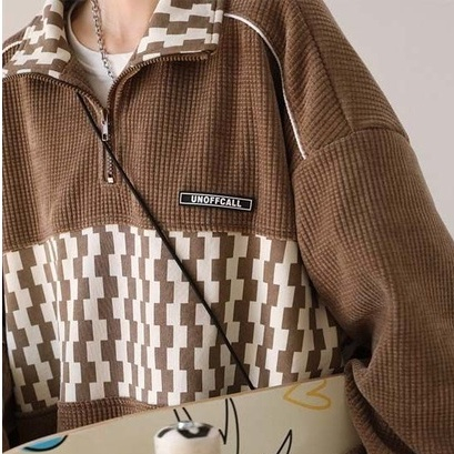 XIN LAN YA SHE Áo sweater Cổ polo Dáng Dài Phối Khóa Kéo Cá Tính