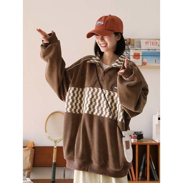 XIN LAN YA SHE Áo sweater Cổ polo Dáng Dài Phối Khóa Kéo Cá Tính