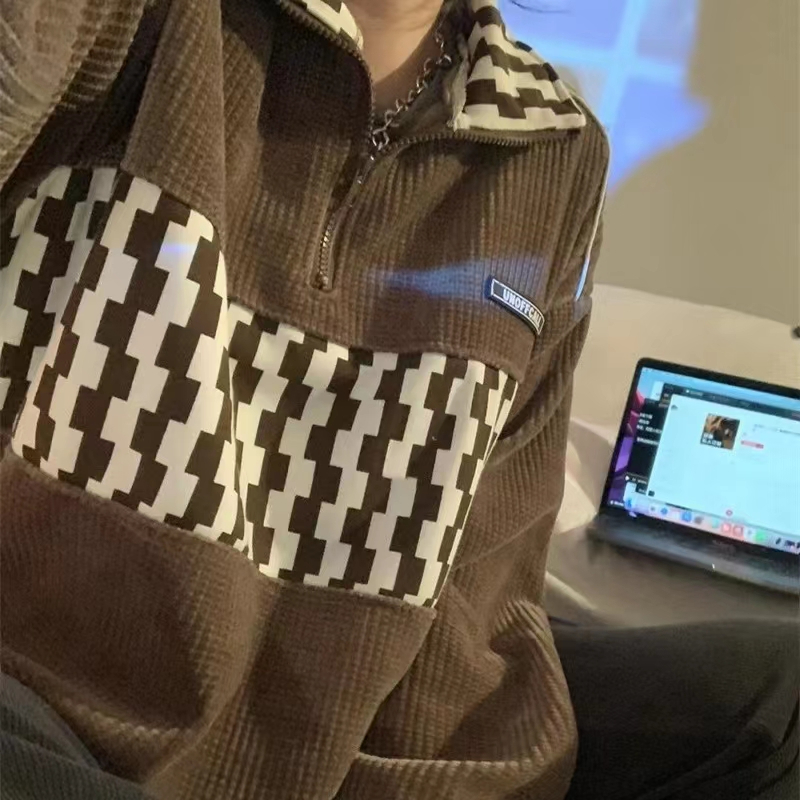 XIN LAN YA SHE Áo sweater Cổ polo Dáng Dài Phối Khóa Kéo Cá Tính