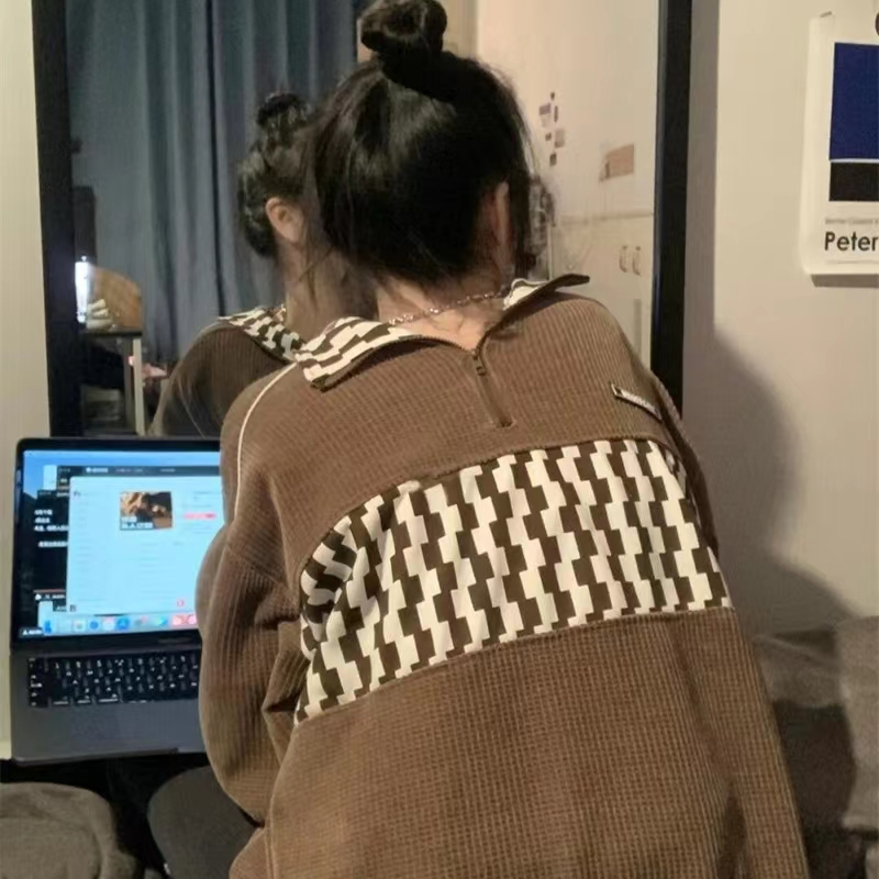 XIN LAN YA SHE Áo sweater Cổ polo Dáng Dài Phối Khóa Kéo Cá Tính