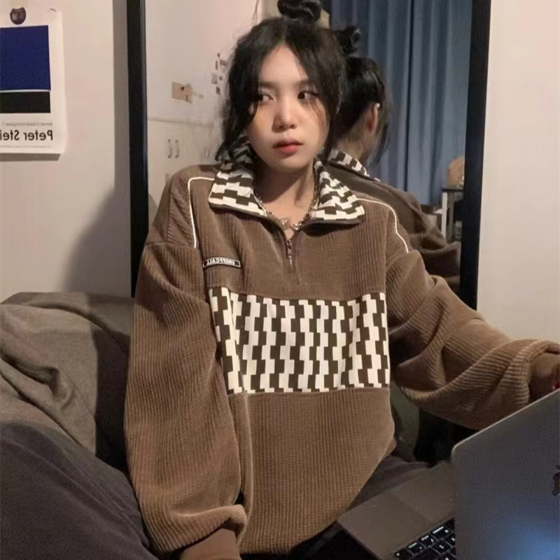 XIN LAN YA SHE Áo sweater Cổ polo Dáng Dài Phối Khóa Kéo Cá Tính