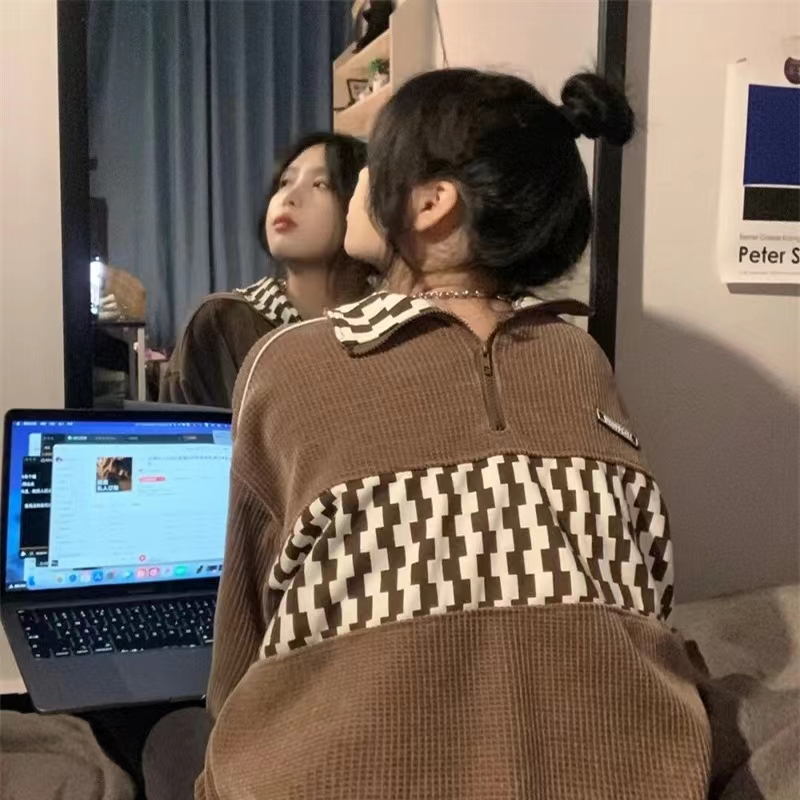 XIN LAN YA SHE Áo sweater Cổ polo Dáng Dài Phối Khóa Kéo Cá Tính