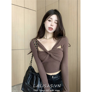 Lalisas áo thun ngắn ôm tay dài cổ chữ v đắp chéo màu cà phê millard sang trọng quyến rũ cho nữ