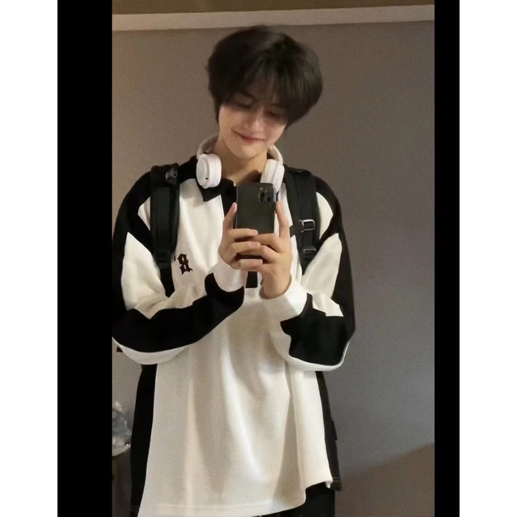 Áo sweater POLO Dáng Rộng Phối Màu Tương Phản Kiểu Đường Phố Mỹ Thời Trang Cho Nam