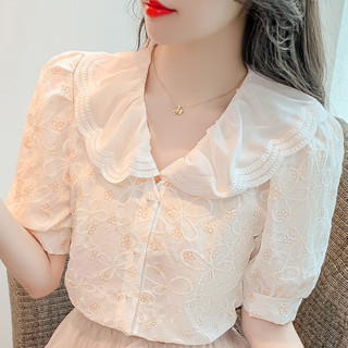 Mùa Hè 2025 Phong Cách Mới Pháp Ngọt Ngào Thêu Hoa Ren Búp Bê Cổ Phồng Tay Ngắn Voan Áo Sơ Mi Top Nữ