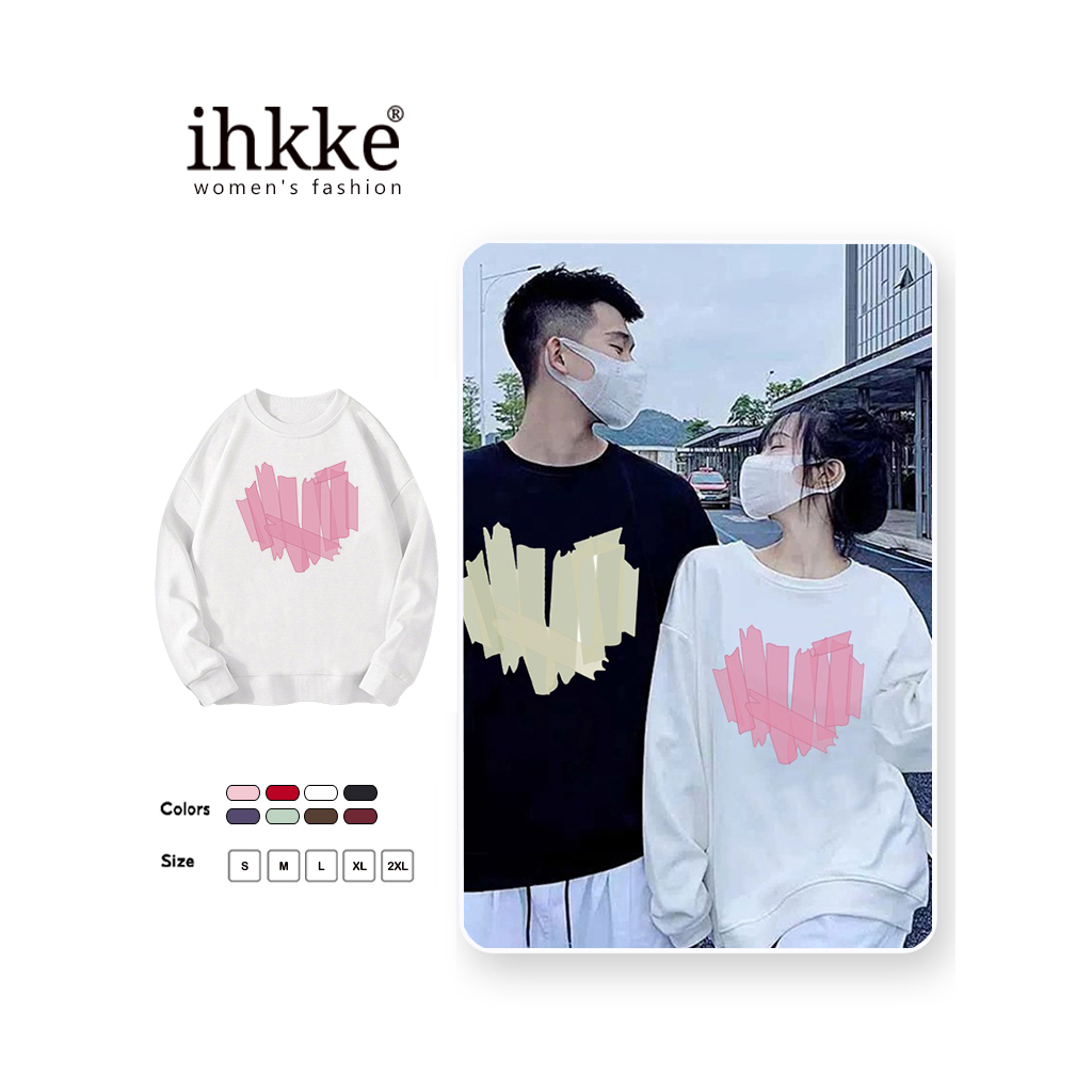 Áo sweater IHKKE cổ tròn dáng rộng màu đen in hình trái tim màu hồng thời trang Hàn Quốc unisex cho cặp đôi