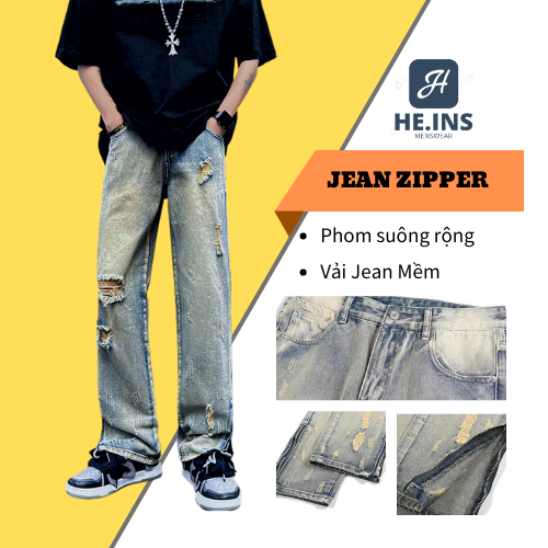 Mua Quần Jean Nam Rách Ống Rộng Cạp Cao Có Khóa Zip , Quần Bò Nam Rêu ...