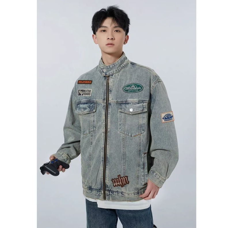 Áo Khoác denim Cổ Đứng Dáng Rộng Phong Cách vintage Thời Trang Cho Nam Nữ