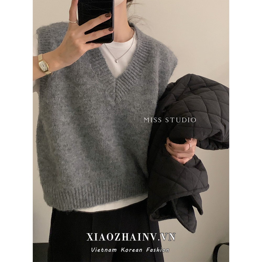 Xiaozhinv Áo Len Nữ Không Tay Cổ Chữ v Form Rộng Màu Trơn Thời Trang Hàn Quốc
