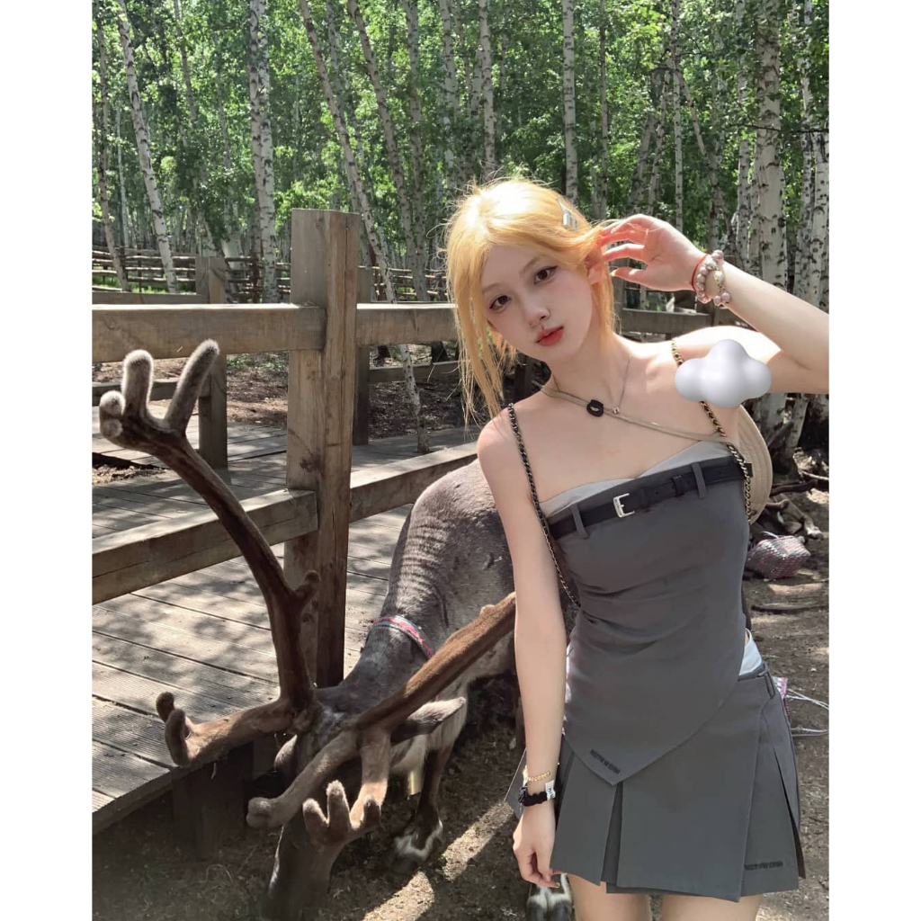 Cocory vn Chân Váy Chữ a Lưng Cao Và Áo Tay Cộc Thời Trang Quyến Rũ Cho Nữ