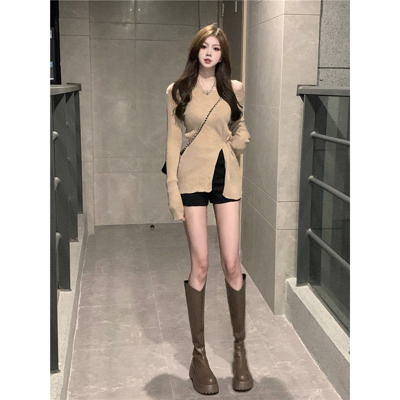 Minimalist Labo Áo Thun Tay Dài Một Bên Vai Ôm Dáng Phong Cách hong kong