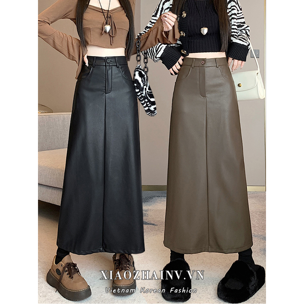 Xiaozhainv Chân Váy Da pu Dài Lưng Cao Xẻ Tà Thời Trang vintage Hàn Quốc Cho Nữ
