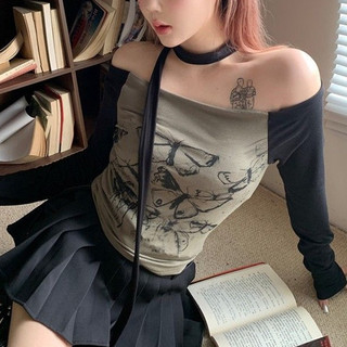 Yuewen Off-the-Shoulder Cổ Phẳng Khâu Bướm In Ren Áo Thun Dài Tay Nữ