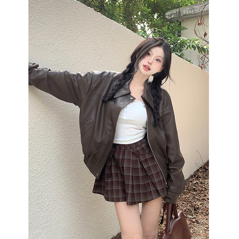 「MOTEL7」Áo Khoác Da Tay Dài Dáng Rộng Màu Đen Thời Trang Cao Cấp