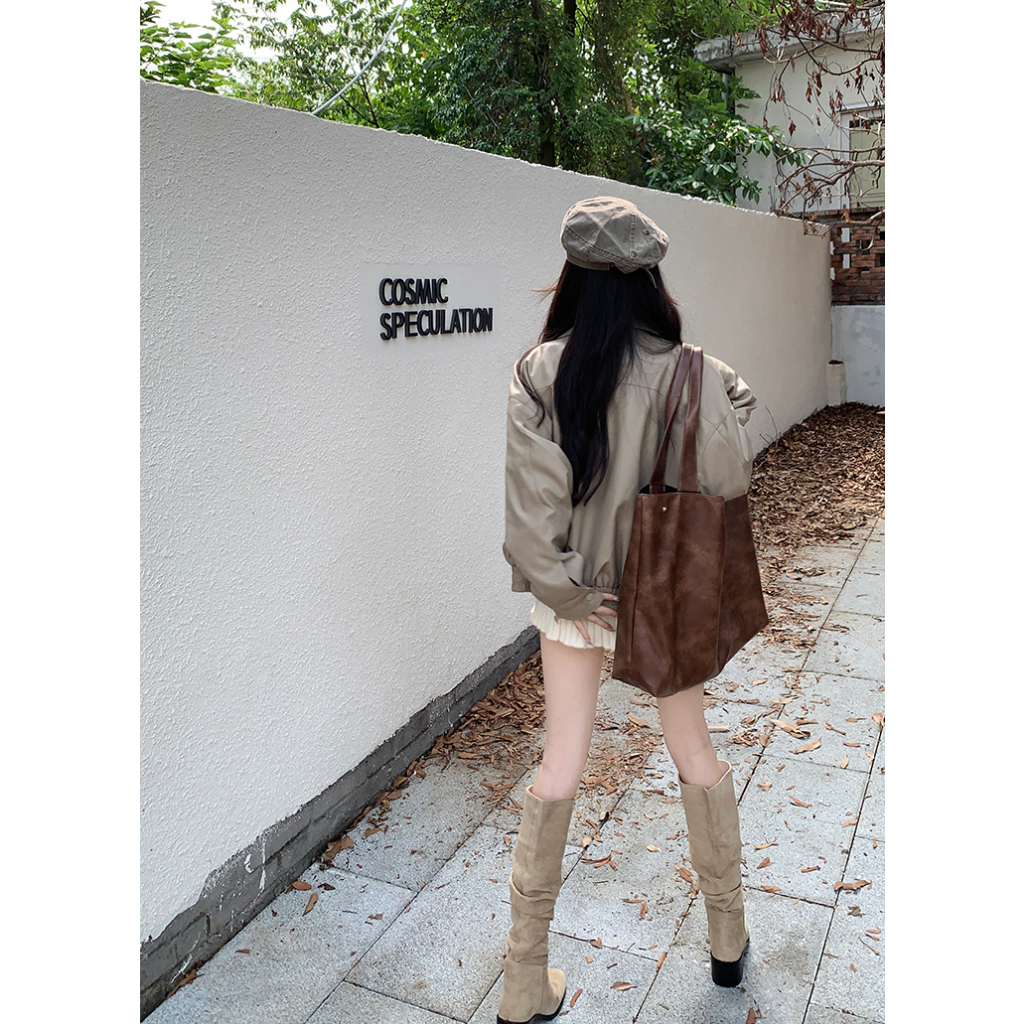 「MOTEL7」Áo Khoác Da Tay Dài Dáng Rộng Màu Đen Thời Trang Cao Cấp