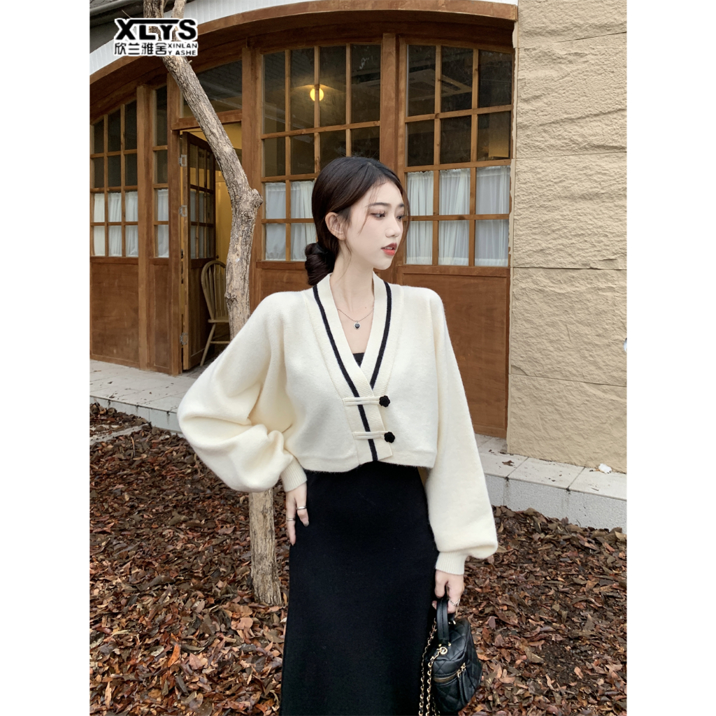 XIN LAN YA SHE Áo sweater Dệt Kim Cổ Chữ v Thời Trang 2023 Mới