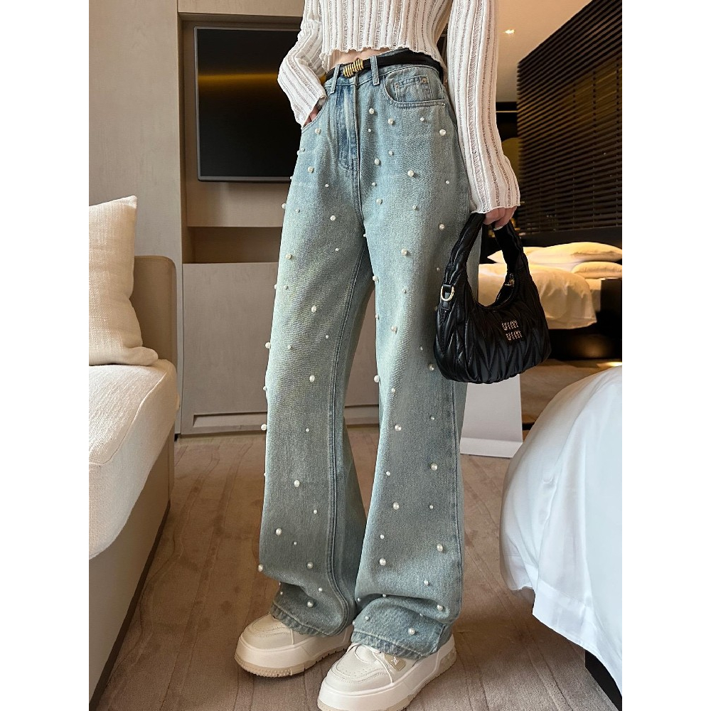 Quần Jean Ống Rộng Lưng Cao Đính Ngọc Trai Dễ Phối Đồ Thời Trang Mùa Hè Kiểu Mỹ Cho Nữ YOMG