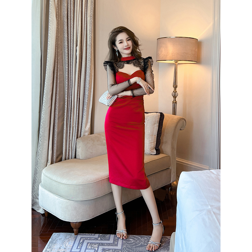 ZYHT Đầm Nước pháp sexy vải sa tanh màu đỏ Mảnh mai đầm tay dài 10538