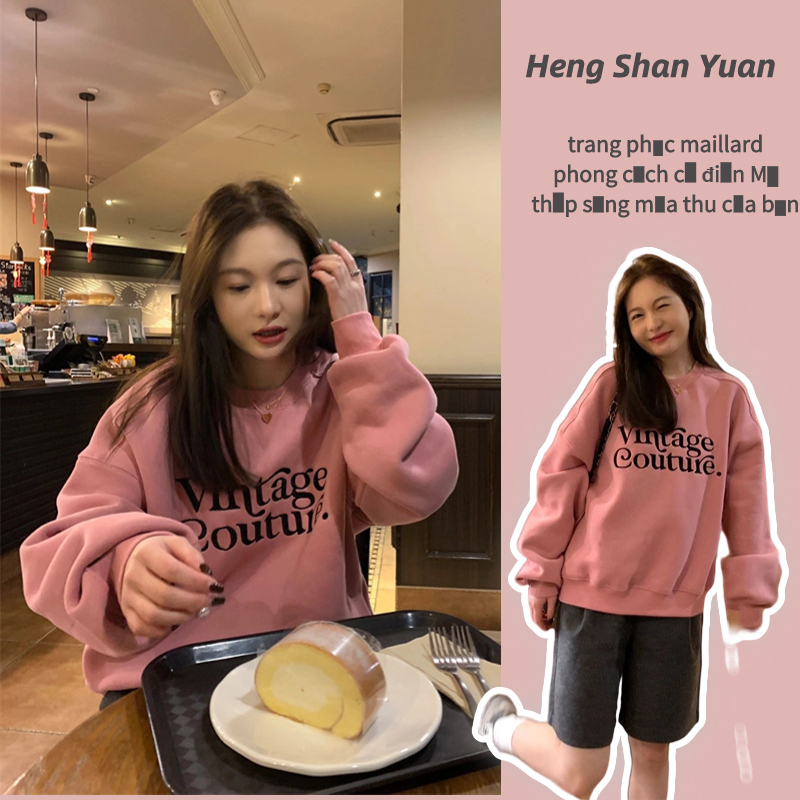 Áo len nữ cổ tròn in màu hồng mùa thu đông