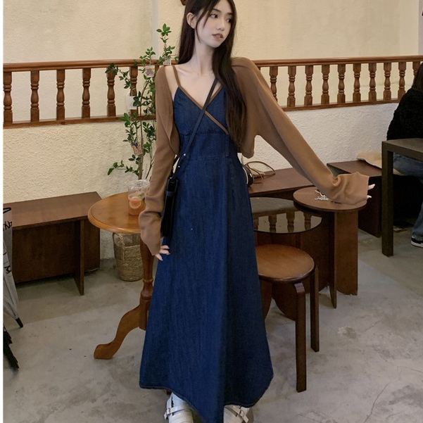Set Áo Khoác cardigan Cổ Chữ v + Đầm Yếm denim Phong Cách Hàn Quốc Thời Trang Cho Nữ