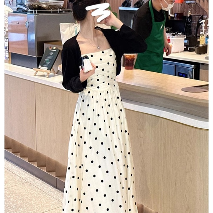 Bộ Đầm 2 Món Gồm Áo cardigan Dệt Kim Tay Dài + Đầm midi Chấm Bi Eo Cao Ôm Dáng