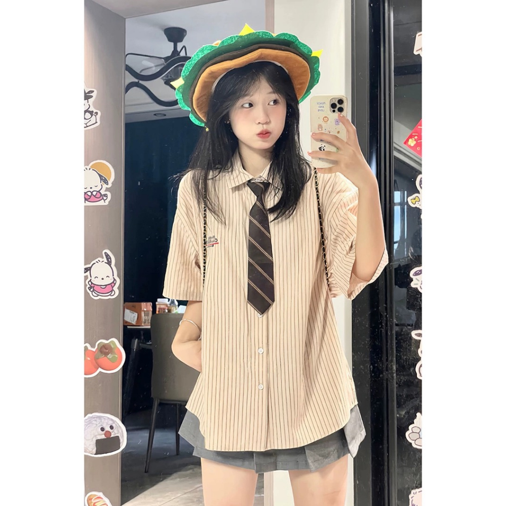 Áo Sơ Mi Sọc Thêu Chữ Thời Trang Dành Cho Nữ