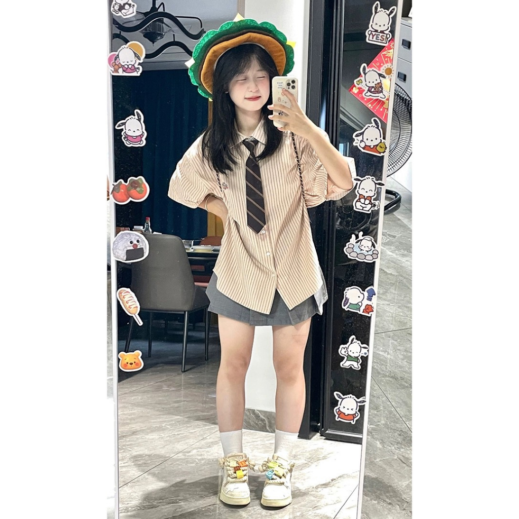 Áo Sơ Mi Sọc Thêu Chữ Thời Trang Dành Cho Nữ